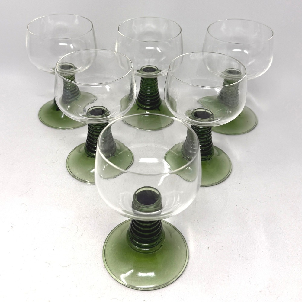 Vintage Romer Wine Goblets Set 6 Olive Green Beehive Ribbed Glass 5 1/8 in Plain